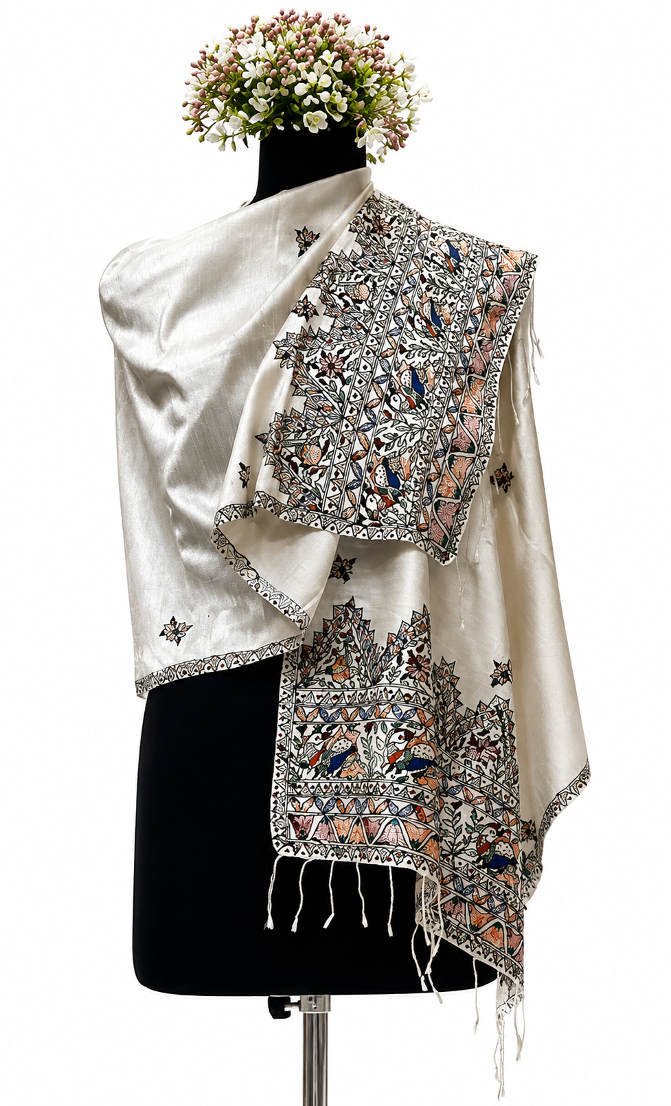 Handpainted Madhubani Dupion Silk Stole with Peacock Motifs