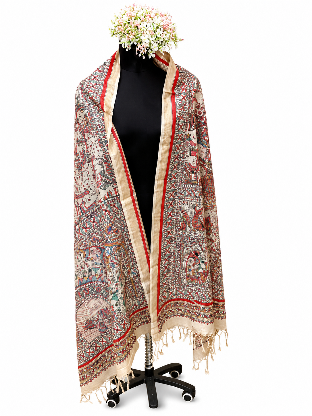 Handcrafted Tussar Munga Silk Dupatta – Elephant and Fish Motif Design