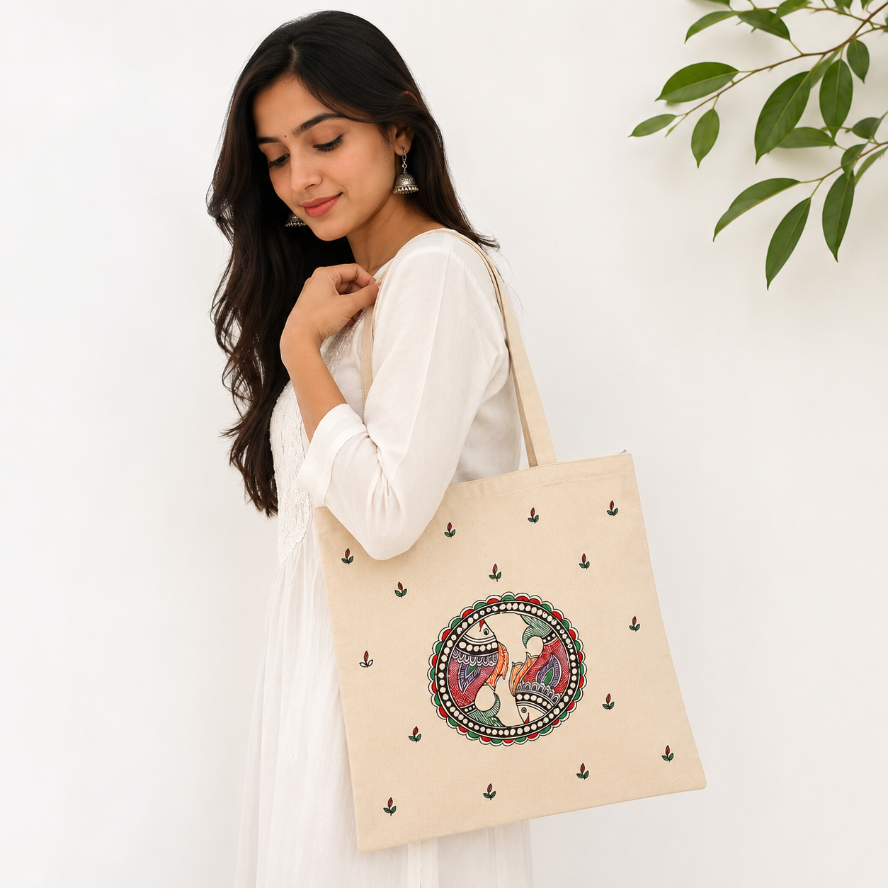 Hand-painted Madhubani cotton Tote Bag - Twin Fish Harmony