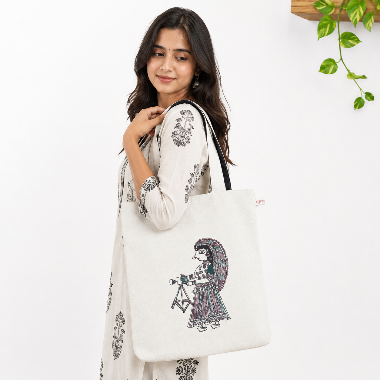 Hand-painted Madhubani Photographer Cotton Tote Bag
