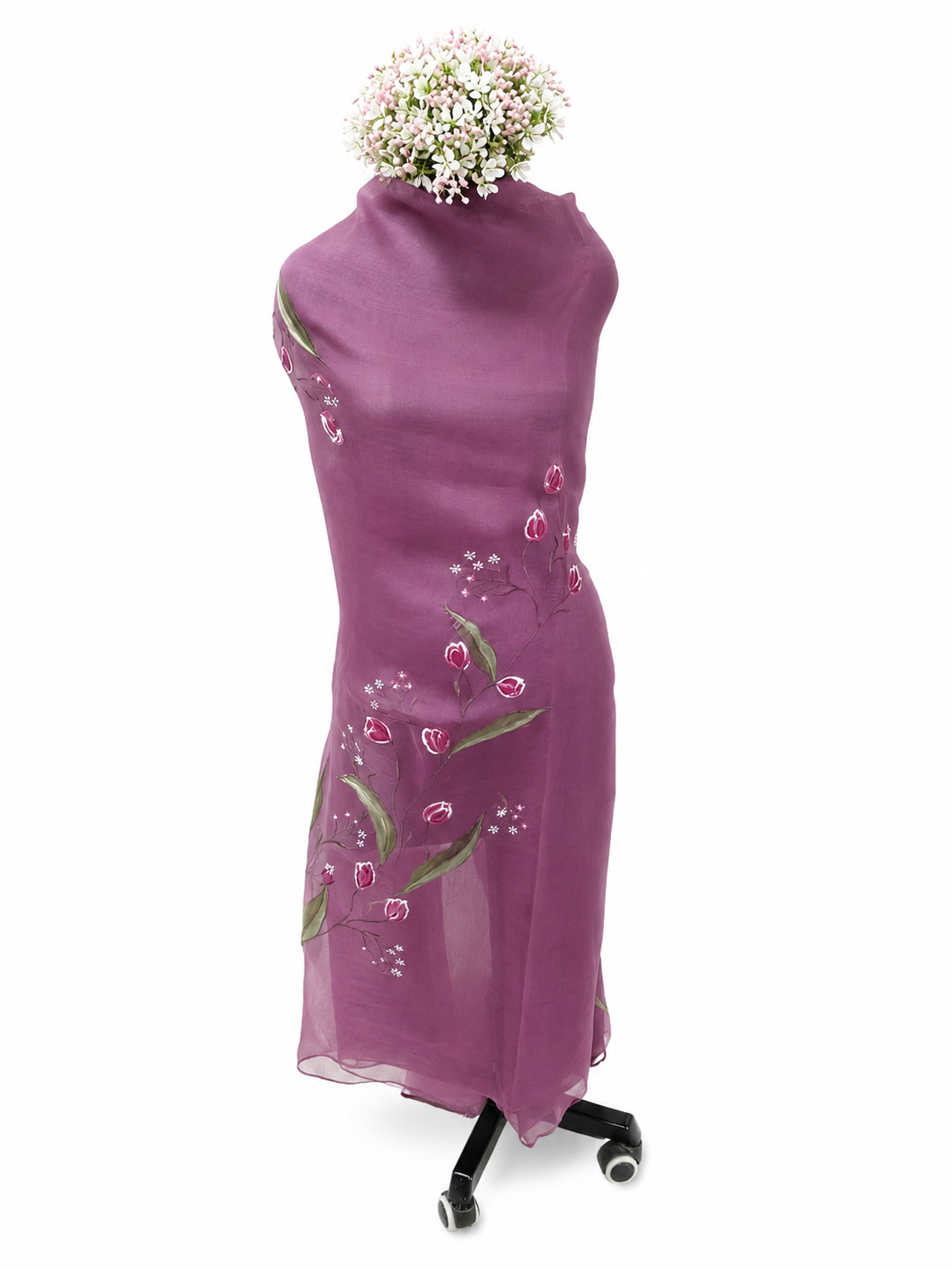 Handpainted Unstitched Organza Suit Set with Floral Fabric Painting, Peacock-Inspired Artwork and Boutique Dupatta Elegance