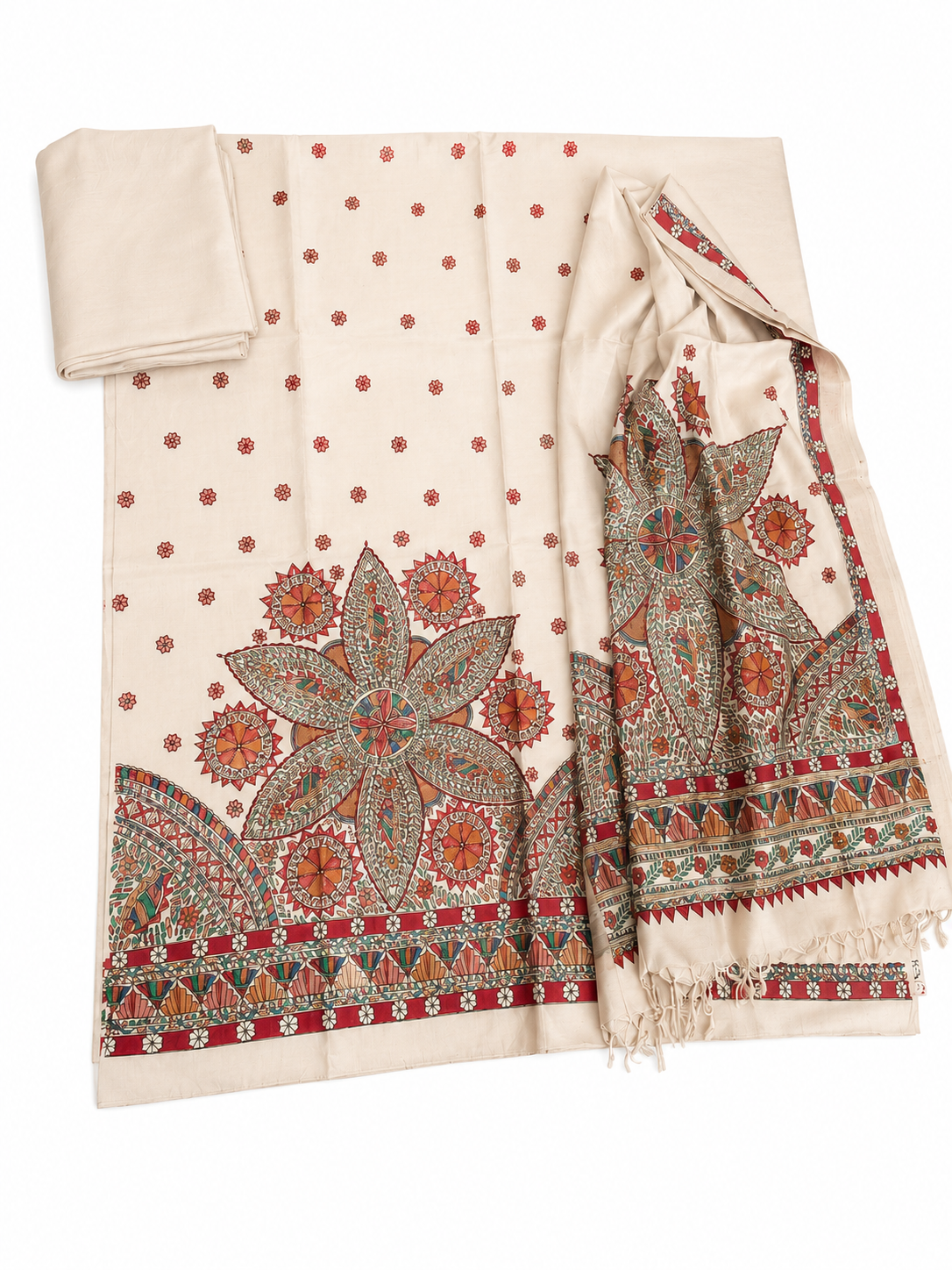 Handpainted Madhubani Tussar Munga Silk Suit Set with Boutique Kurti and Zari Border Dupatta
