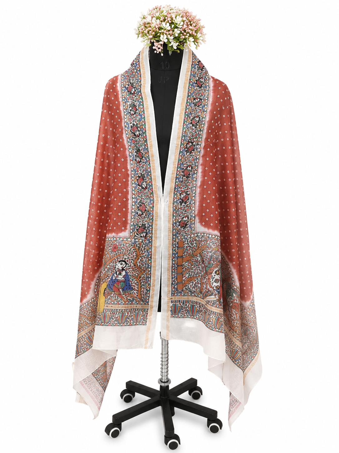 Hand-Painted Vrindavan Bloom – Radha Krishna Madhubani Chanderi Dupatta