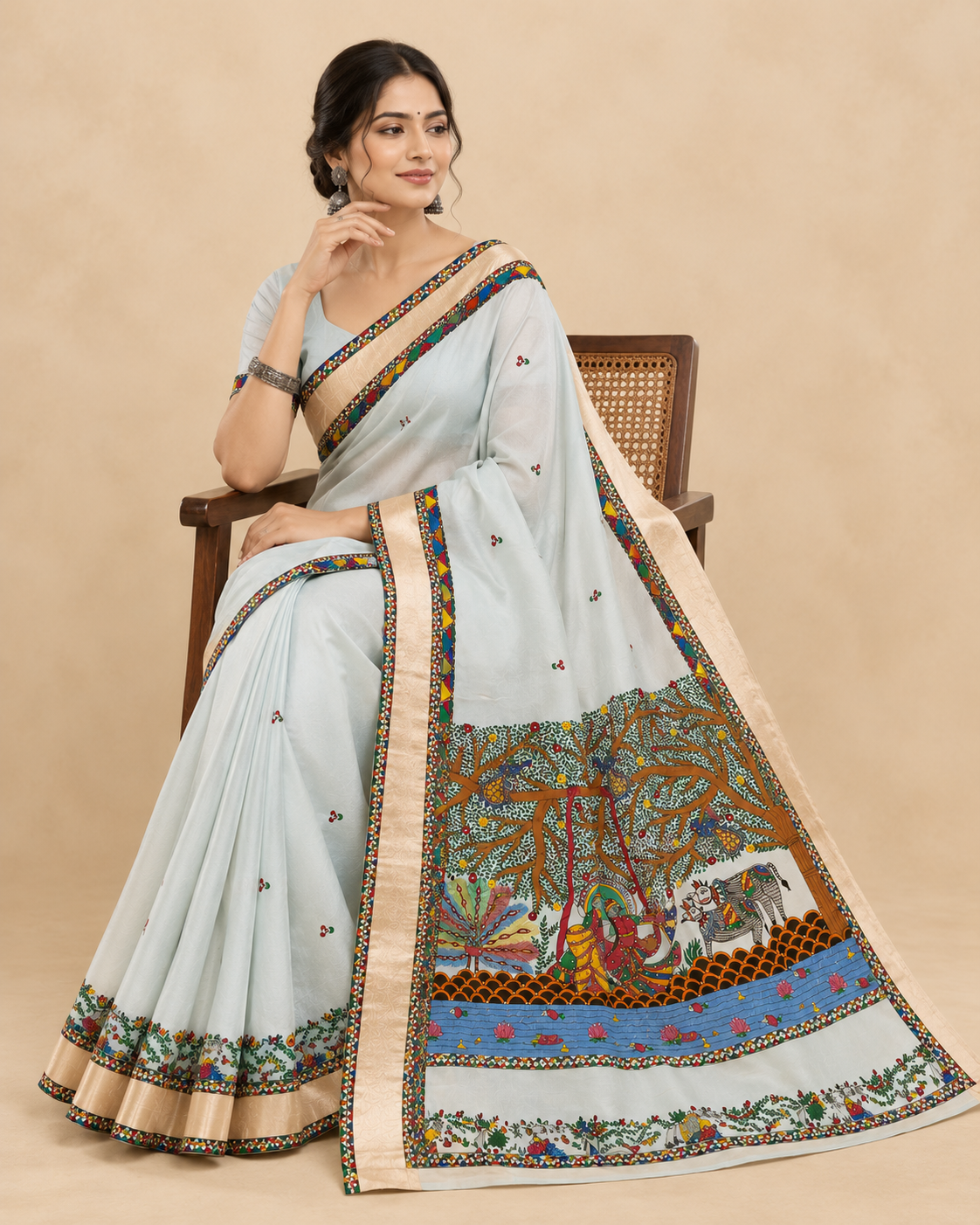Hand-Painted Madhubani Premium Organza Radha Krishna Saree with Pearl Work & Zari Border