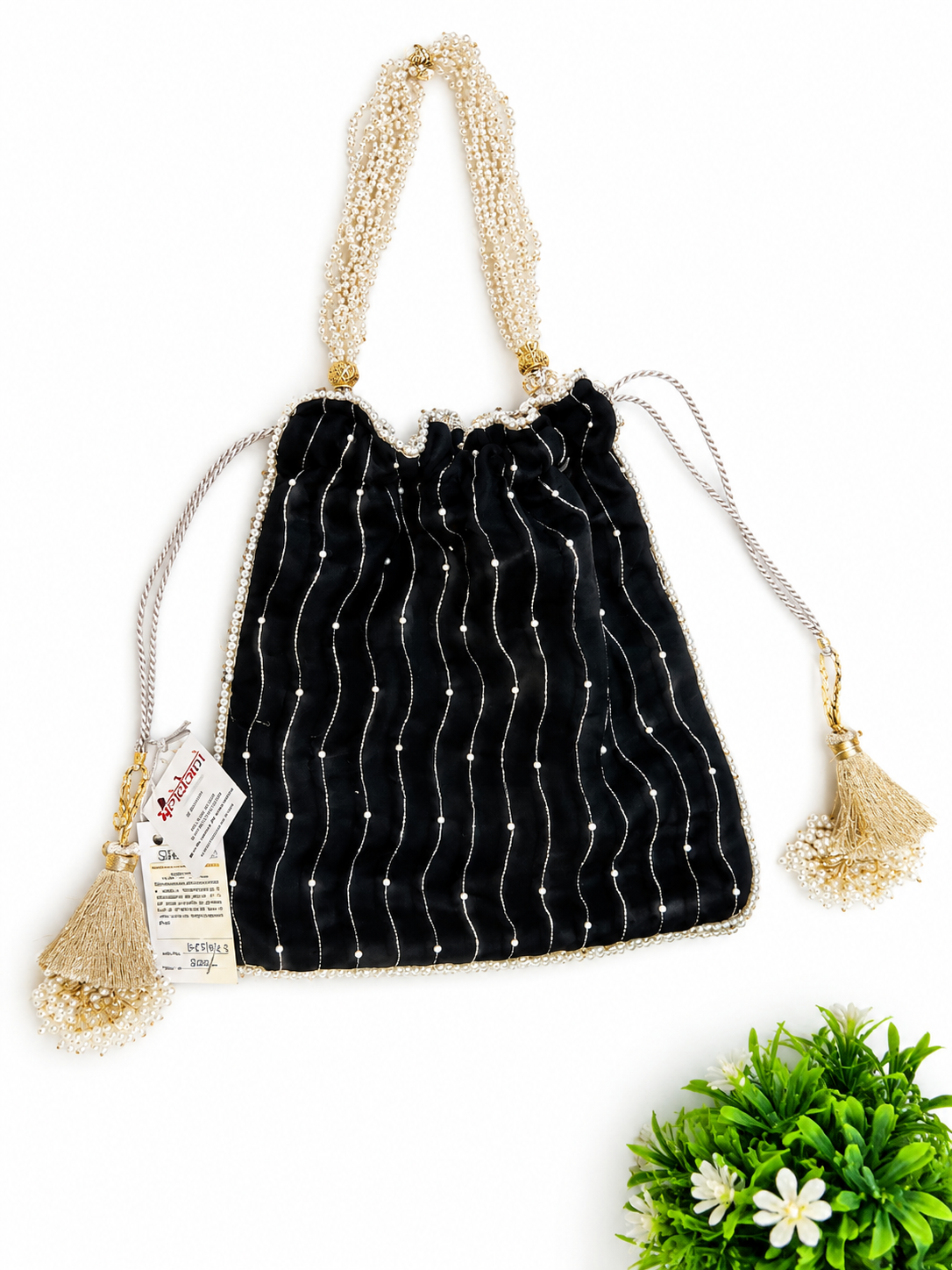 Elegant Rectangular Potli Clutch with Pearl and Zari Embellishments