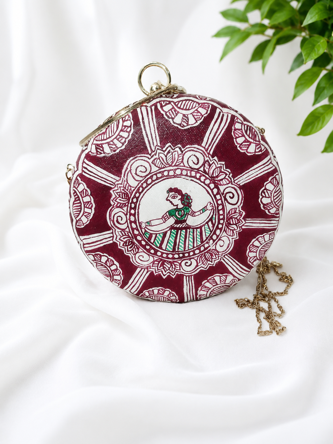 Hand-painted Madhubani Peacock & Dancing Doll Round Clutch Bag