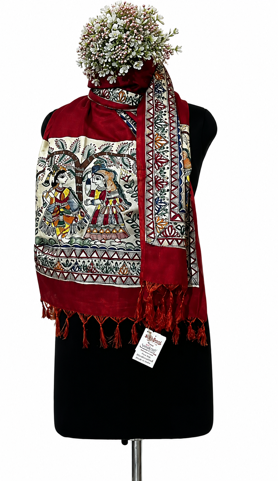 Handpainted Madhubani Cotton Silk Stole in Red-Radha Krishna Theme