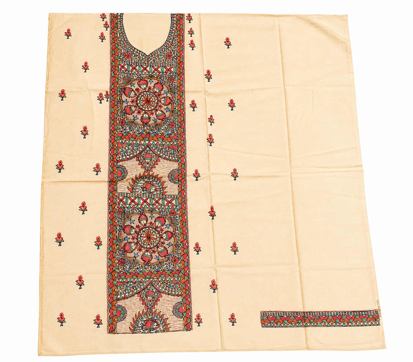 Hand-painted Madhubani Tussar Muga silk suit set with fish-inspired Artwork, Boutique Art and Zari Border Dupatta