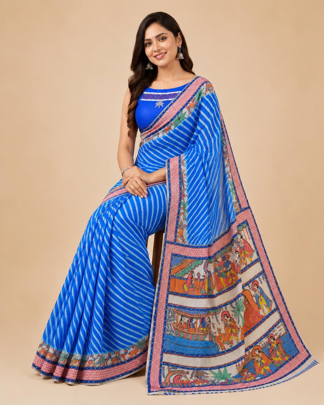 Hand-painted Royal Blue Desi Tussar Silk Saree with Leheriya Design - Ram Katha
