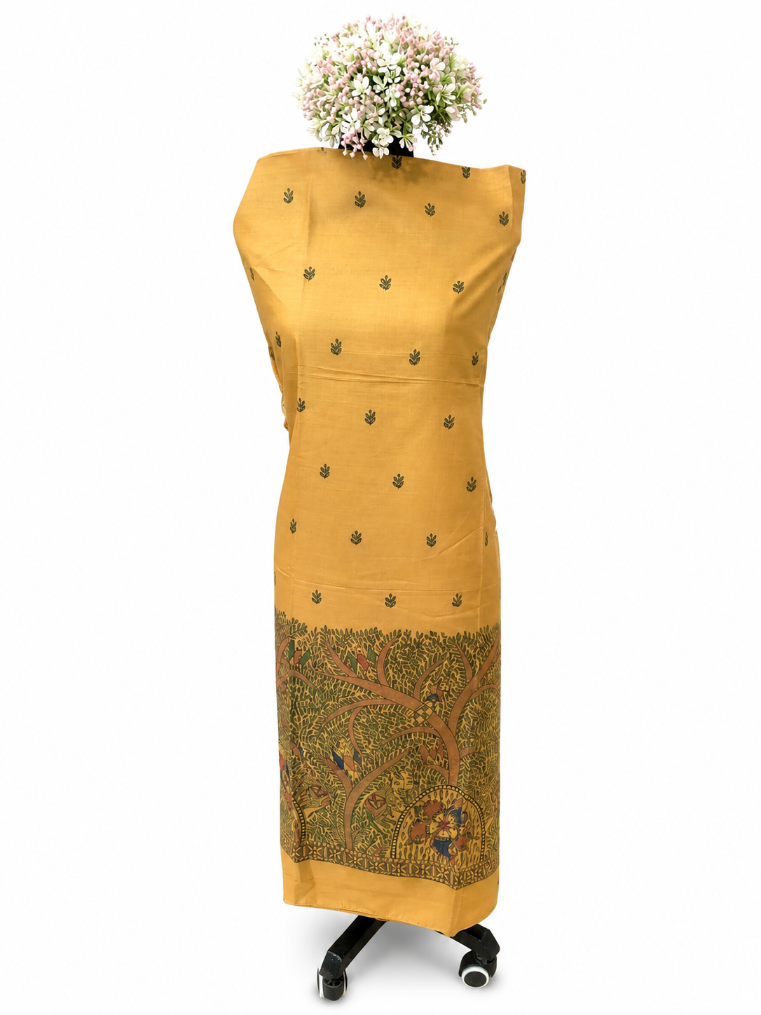Unstitched Handpainted Tussar Munga Silk Suit Set with Fish, Peacock and Elephant Motifs, Boutique Work Dupatta with Zari Border and Cotton Lower