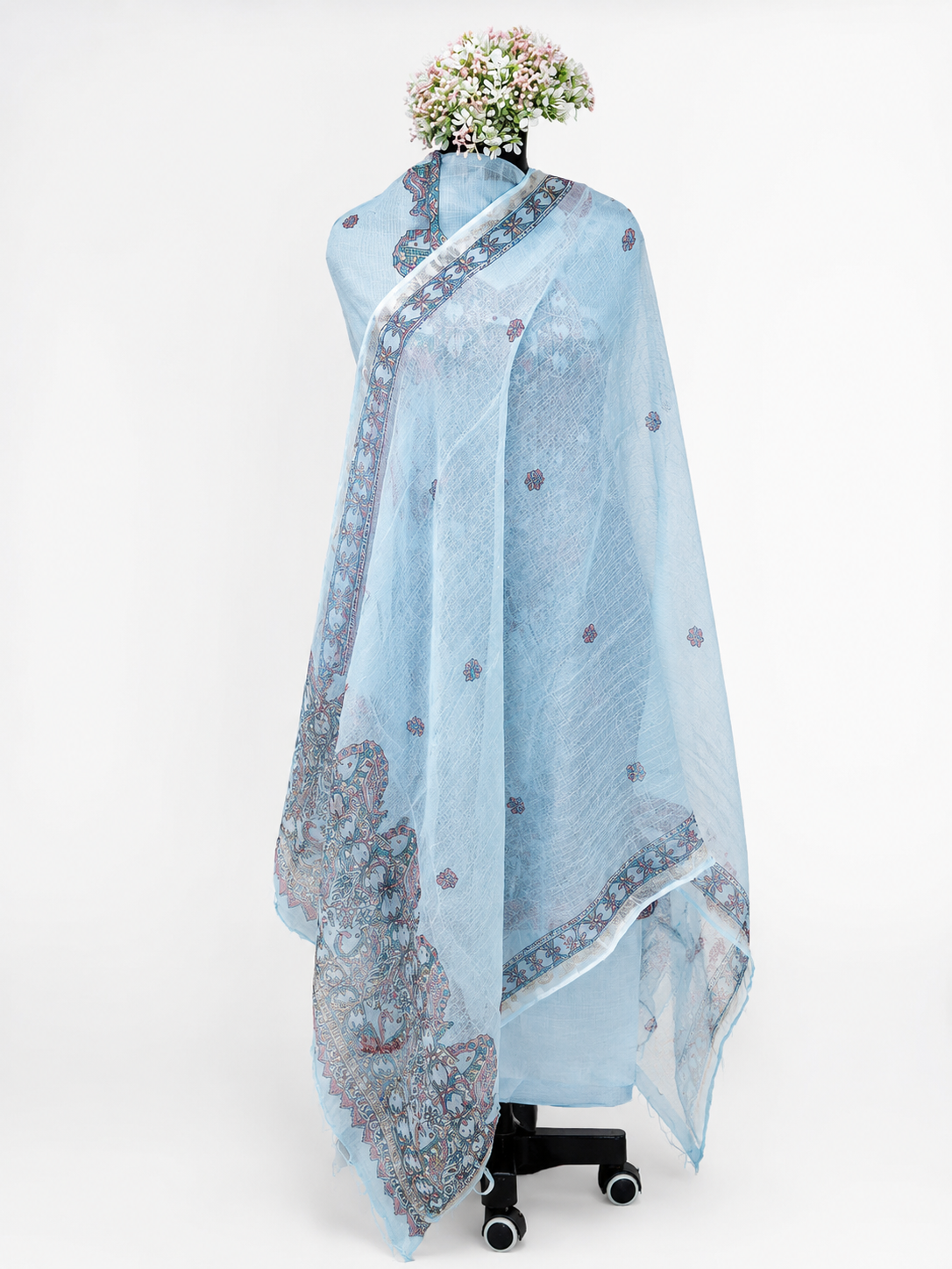 Hand-painted Madhubani Unstitched Suit Set with Mithila Panel Artwork, Aquatic-Inspired Illustrations and Floral Vine Boutique Detailing