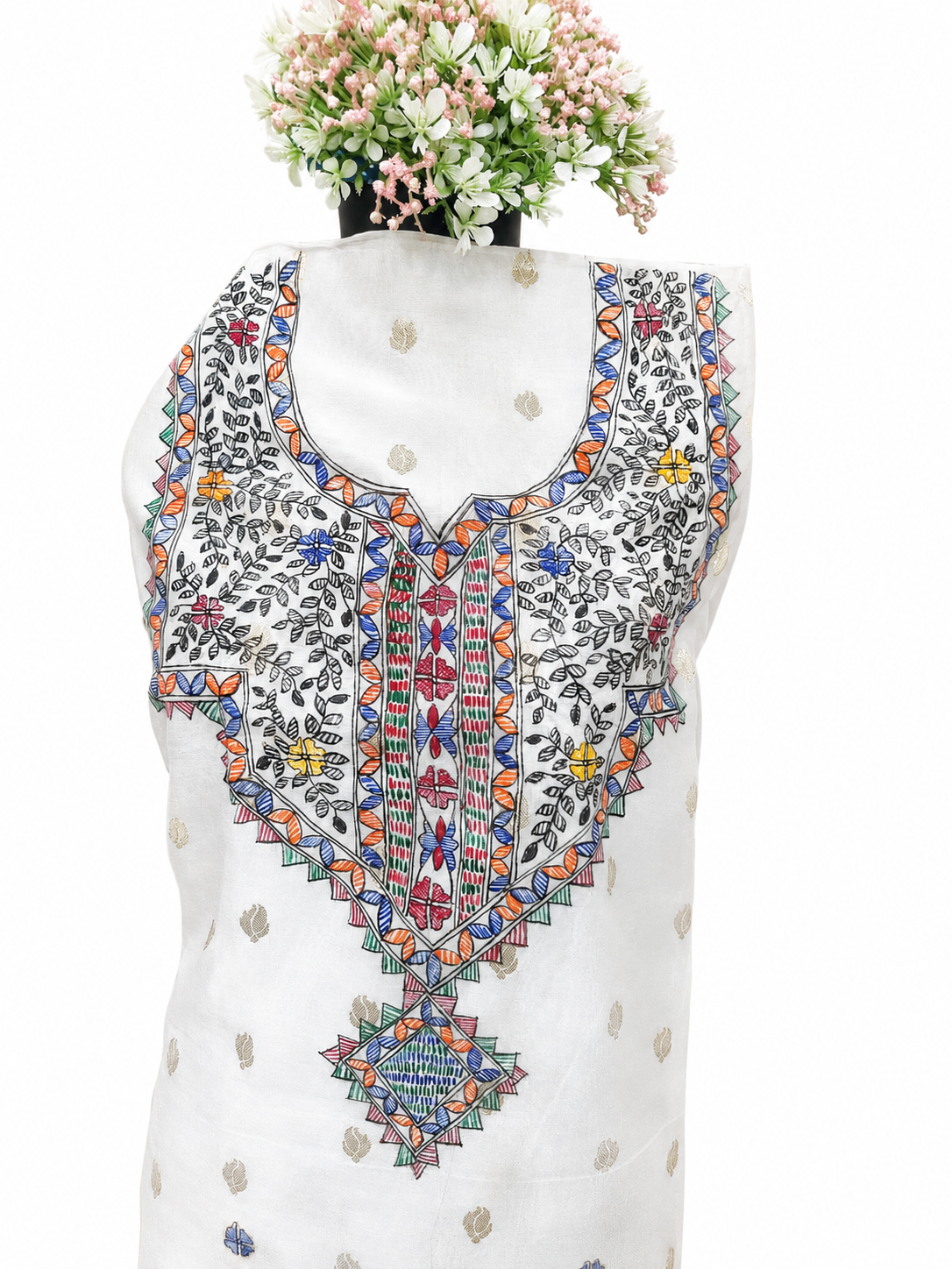 Hand-painted Madhubani Chanderi Suit Set with Designer Neckline, Boutique Artwork, All-Over Jaal Dupatta and Zari Border