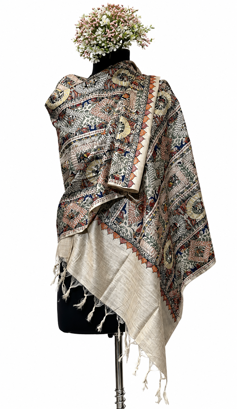 Handpainted Madhubani Tussar Munga Silk Stole with Sujani Work, Elephant & Peacock Motifs