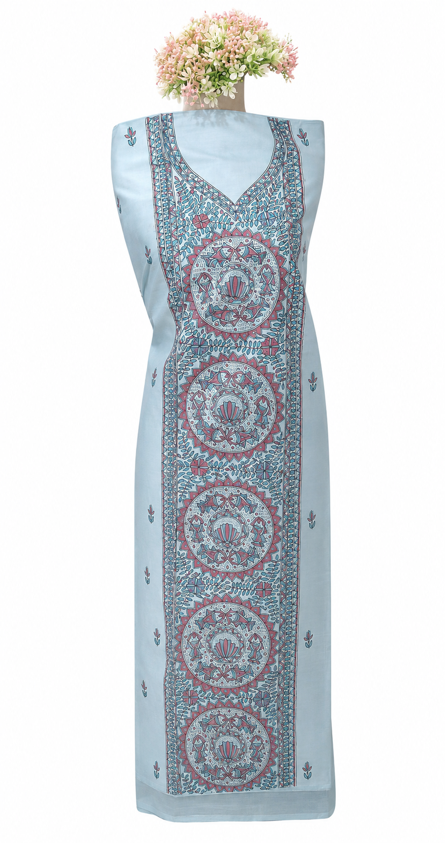 Hand-painted Madhubani Tussar Munga Silk Suit Set with Boutique Kurti, Aquatic and Botanical Artwork, Artistic Anchal Dupatta, Zari Border and Cotton Lower