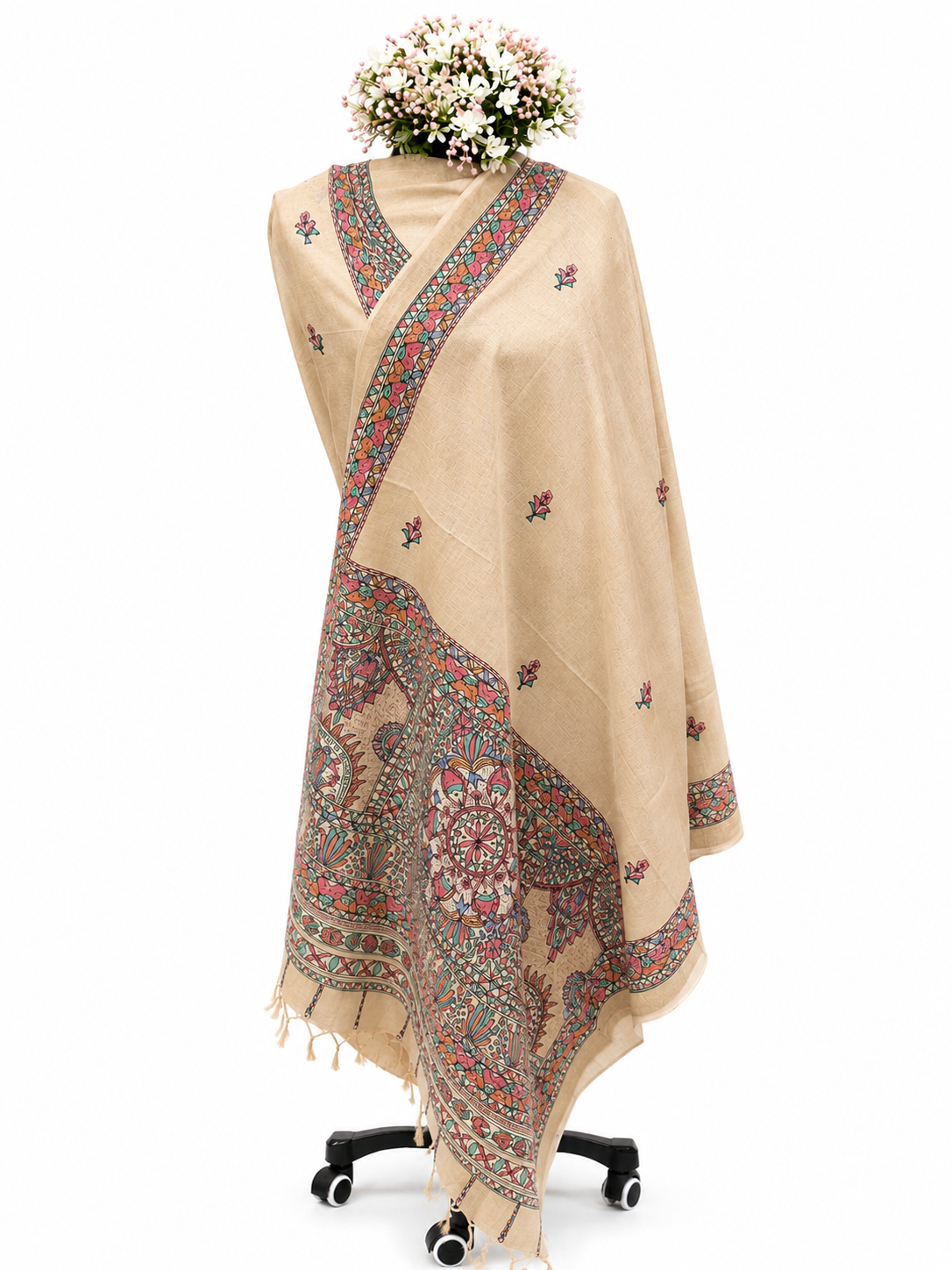 Hand-painted Madhubani Tussar Muga silk suit set with fish-inspired Artwork, Boutique Art and Zari Border Dupatta