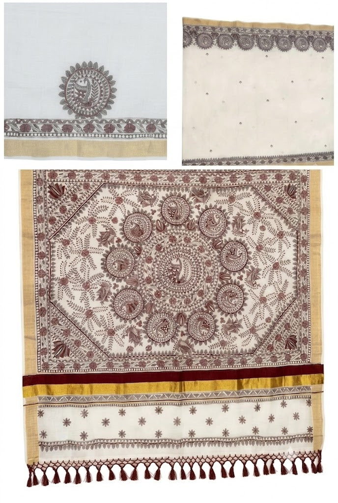 Hand-painted Madhubani Kerala Cotton Saree – Off White with Golden Zari Border