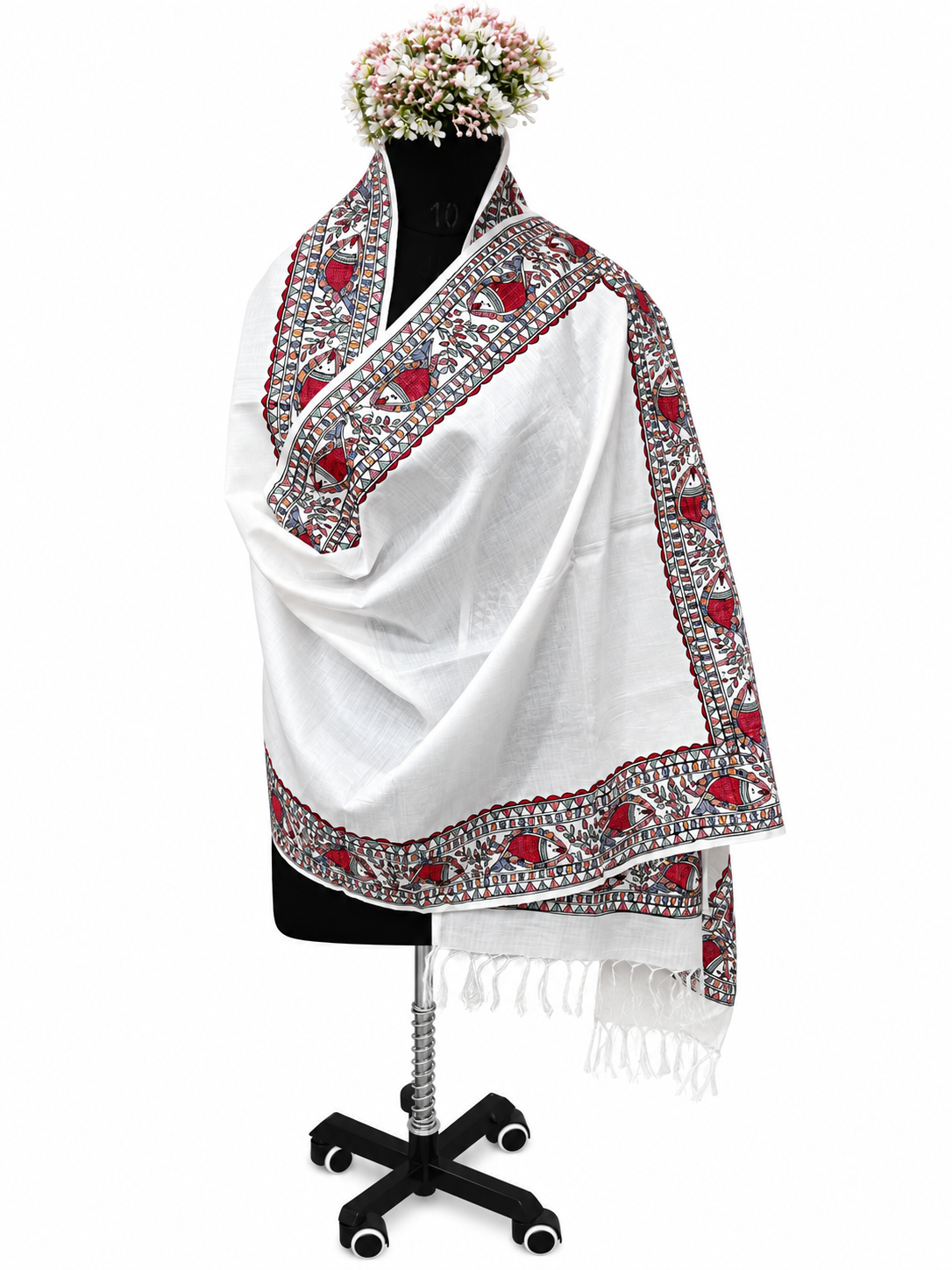 Premium White Tussar Munga Silk Hand-Painted Madhubani Fish Motif Stole