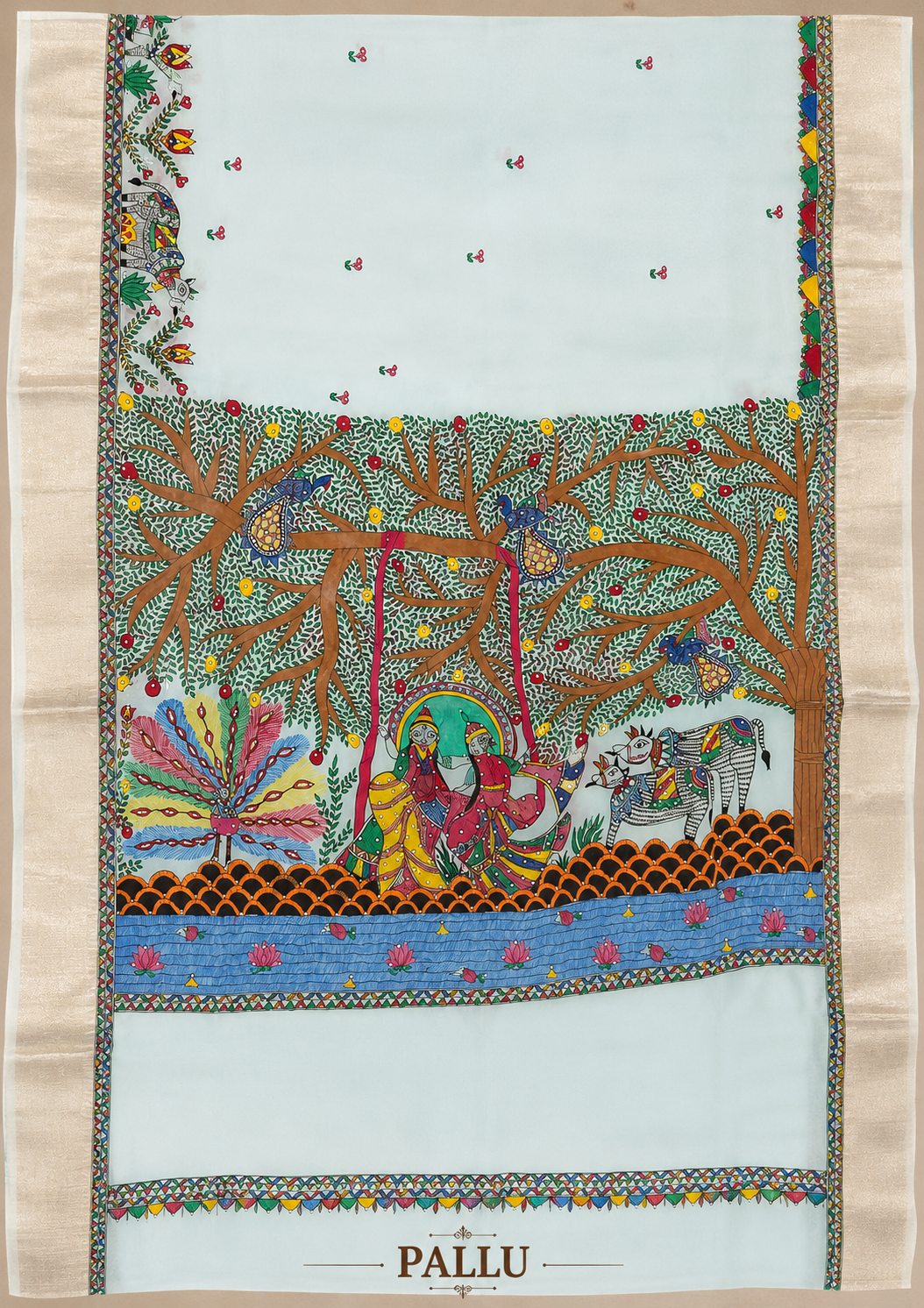 Hand-Painted Madhubani Premium Organza Radha Krishna Saree with Pearl Work & Zari Border