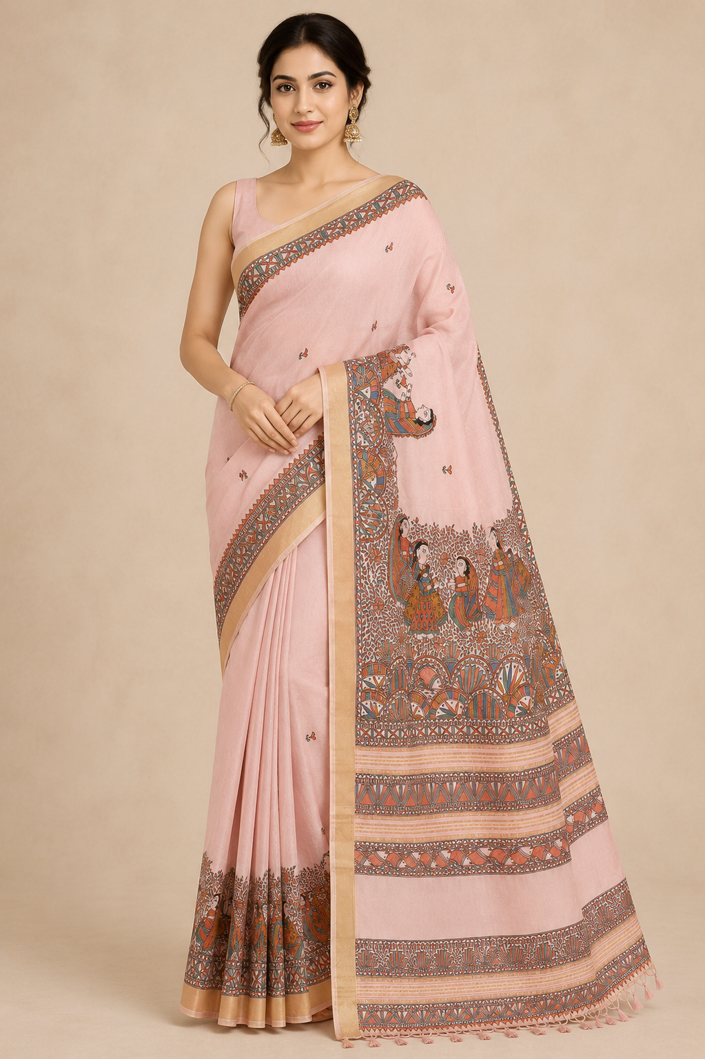 Hand-painted Blush Pink Dancing Doll Madhubani Cotton Silk Saree with Fish Motif Zari Border