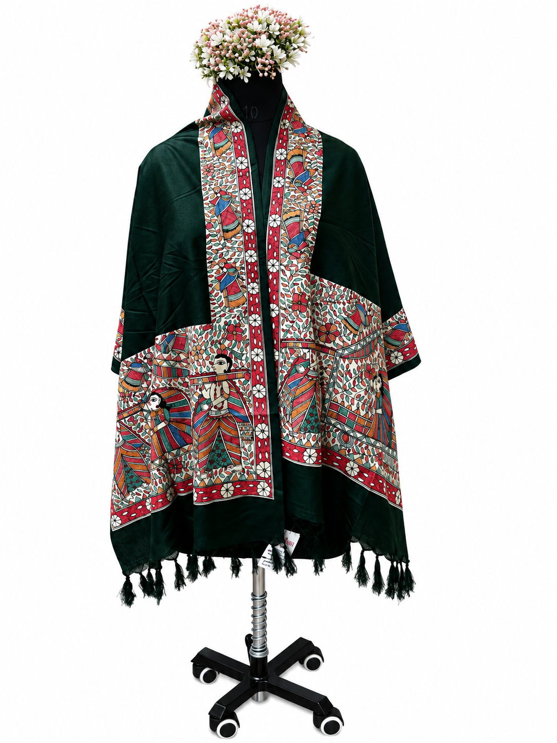 Premium Dark Green Cotton Silk Hand-Painted Madhubani Doli Ka Haar Theme Stole