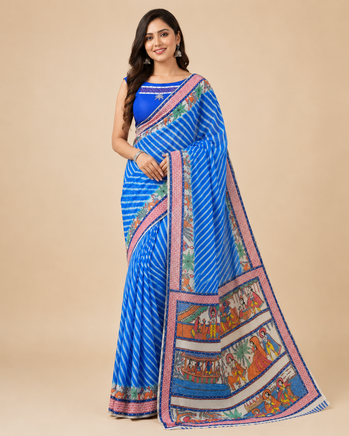 Hand-painted Royal Blue Desi Tussar Silk Saree with Leheriya Design - Ram Katha