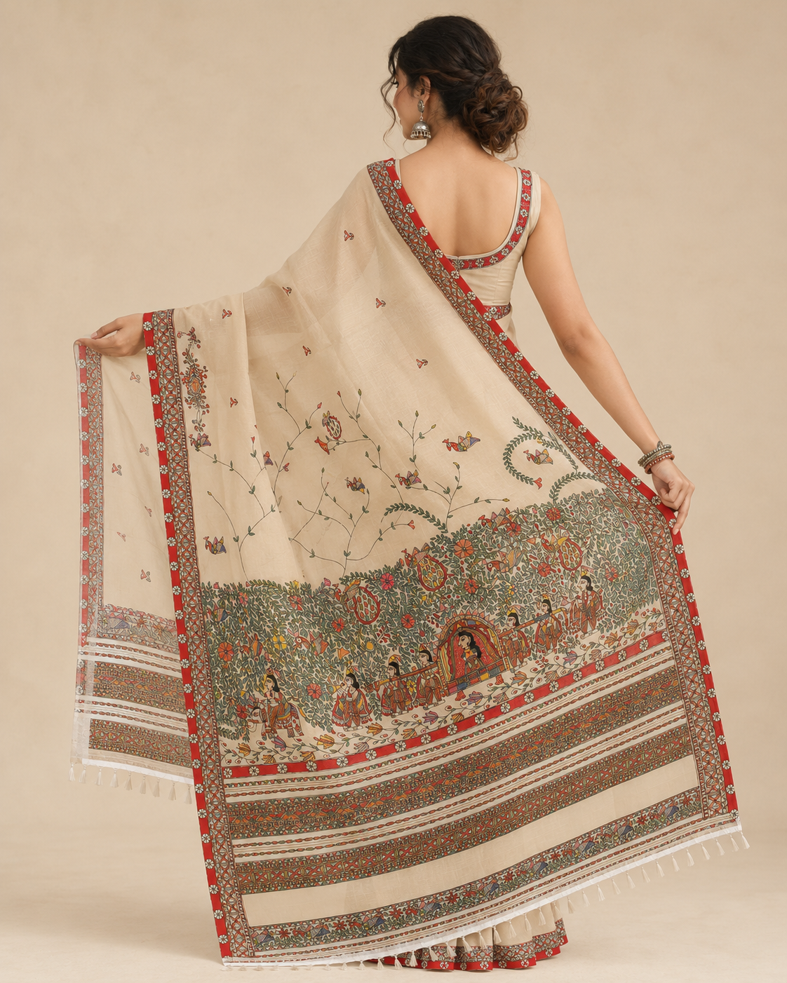 Hand-Painted Doli Ka Haar Madhubani Linen Cotton Saree with Bird Butis & Silver Zari Border in Natural Beige