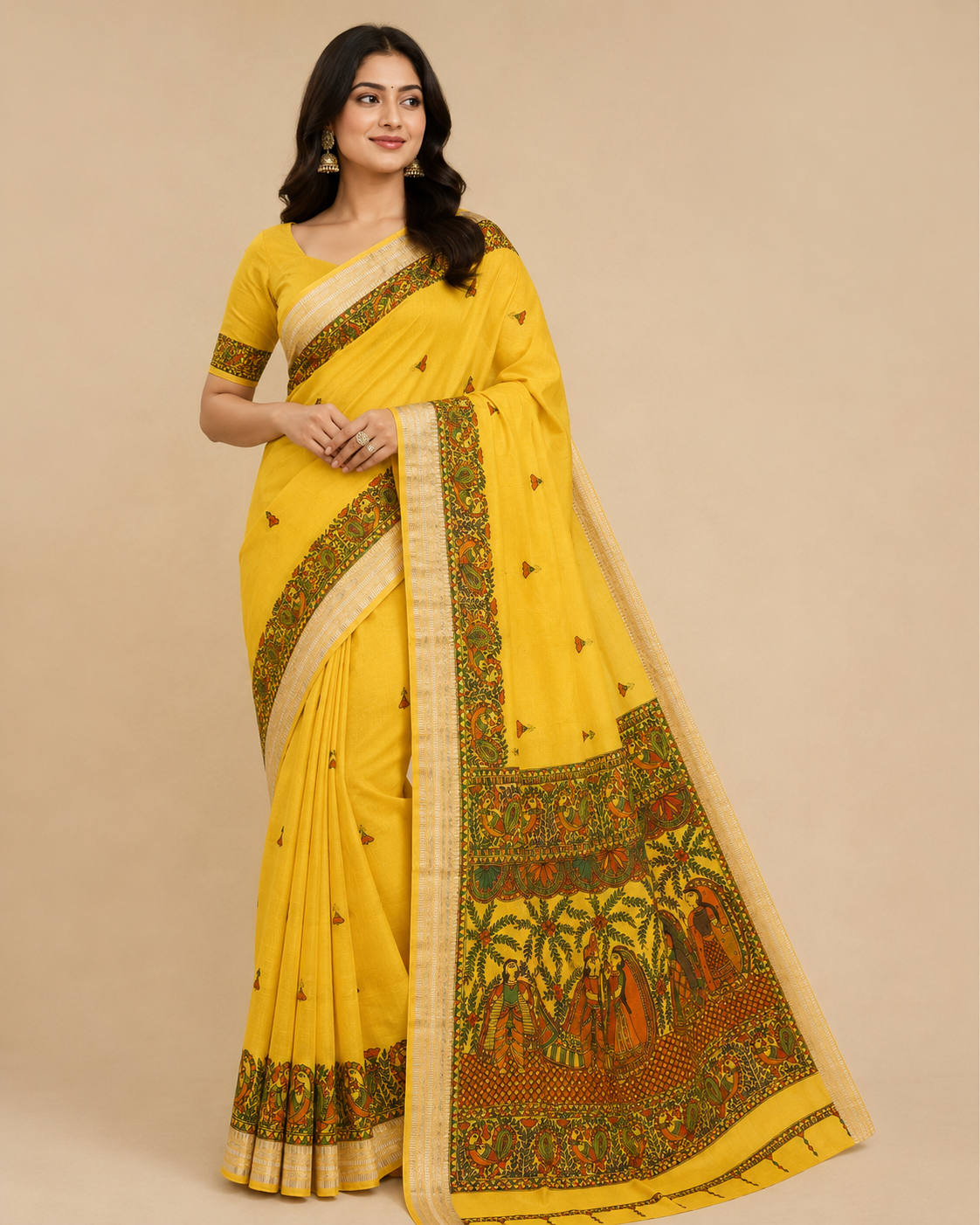 Hand- painted Mustard Yellow Kota Silk Saree with Ram - Sita Swayamwar Madhubani Art & Silver Zari Border