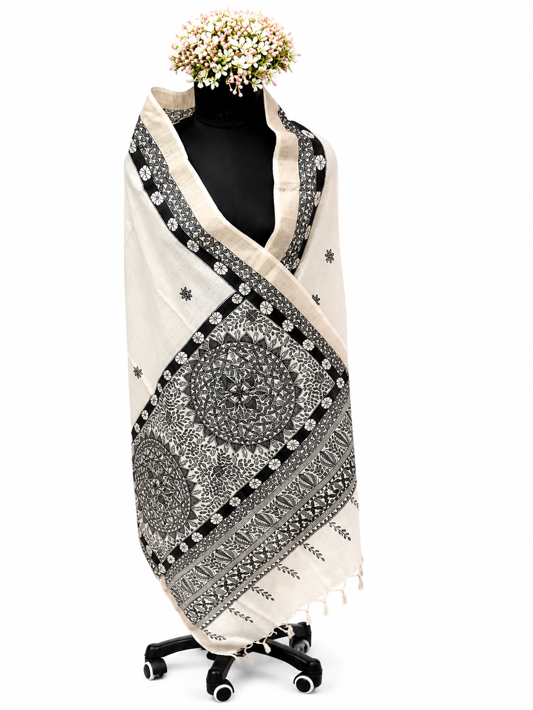 Handpainted Tussar Munga Silk Dupatta – Floral Vines and  Aquatic Artistry