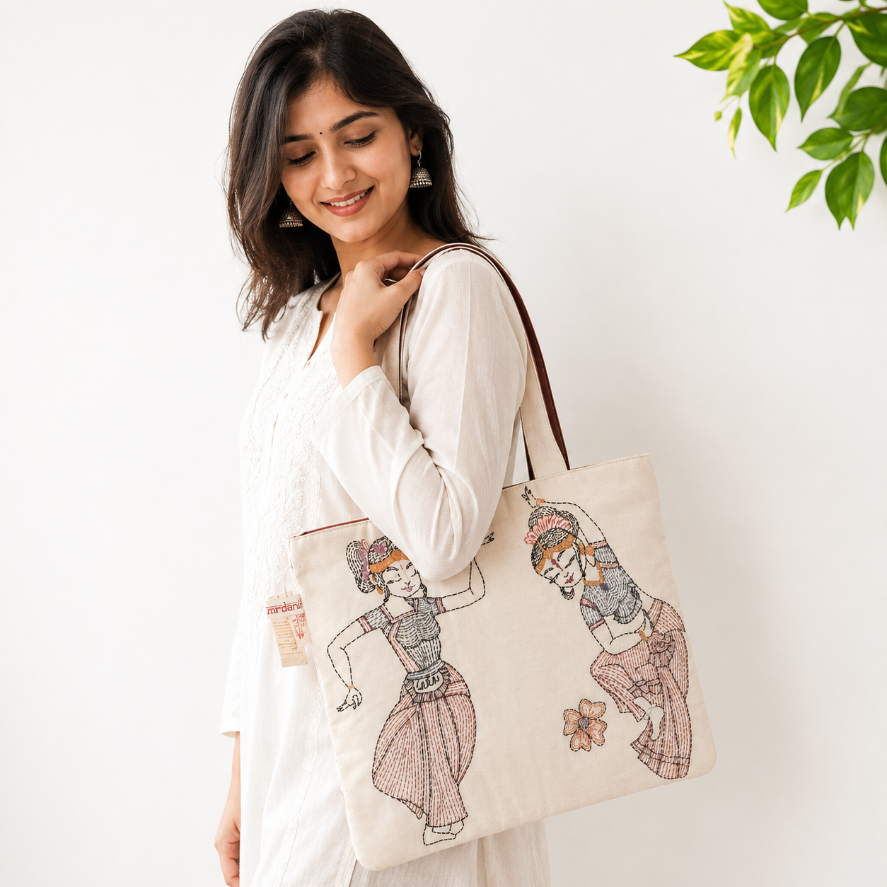 Hand-crafted Sujani Embroidered Cotton Tote Bag