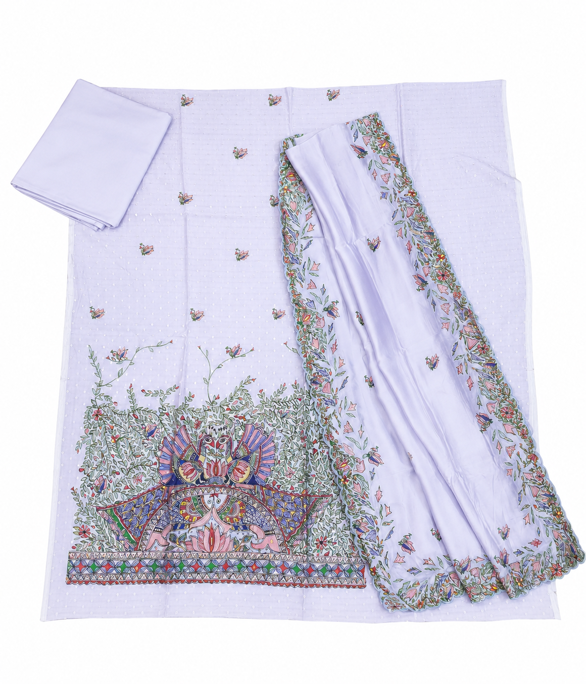 Hand-Painted Madhubani Chanderi Unstitched Suit Set - Pastel Purple