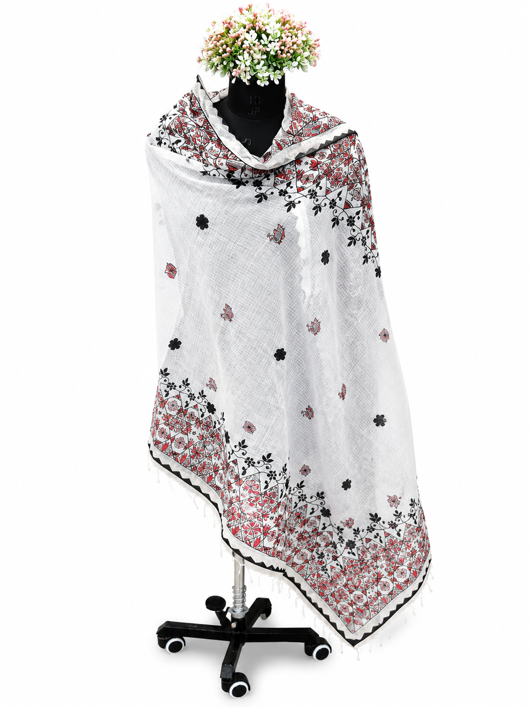 Hand-Appliquéd Kota Dupatta – Madhubani Peacock and Floral Artistry