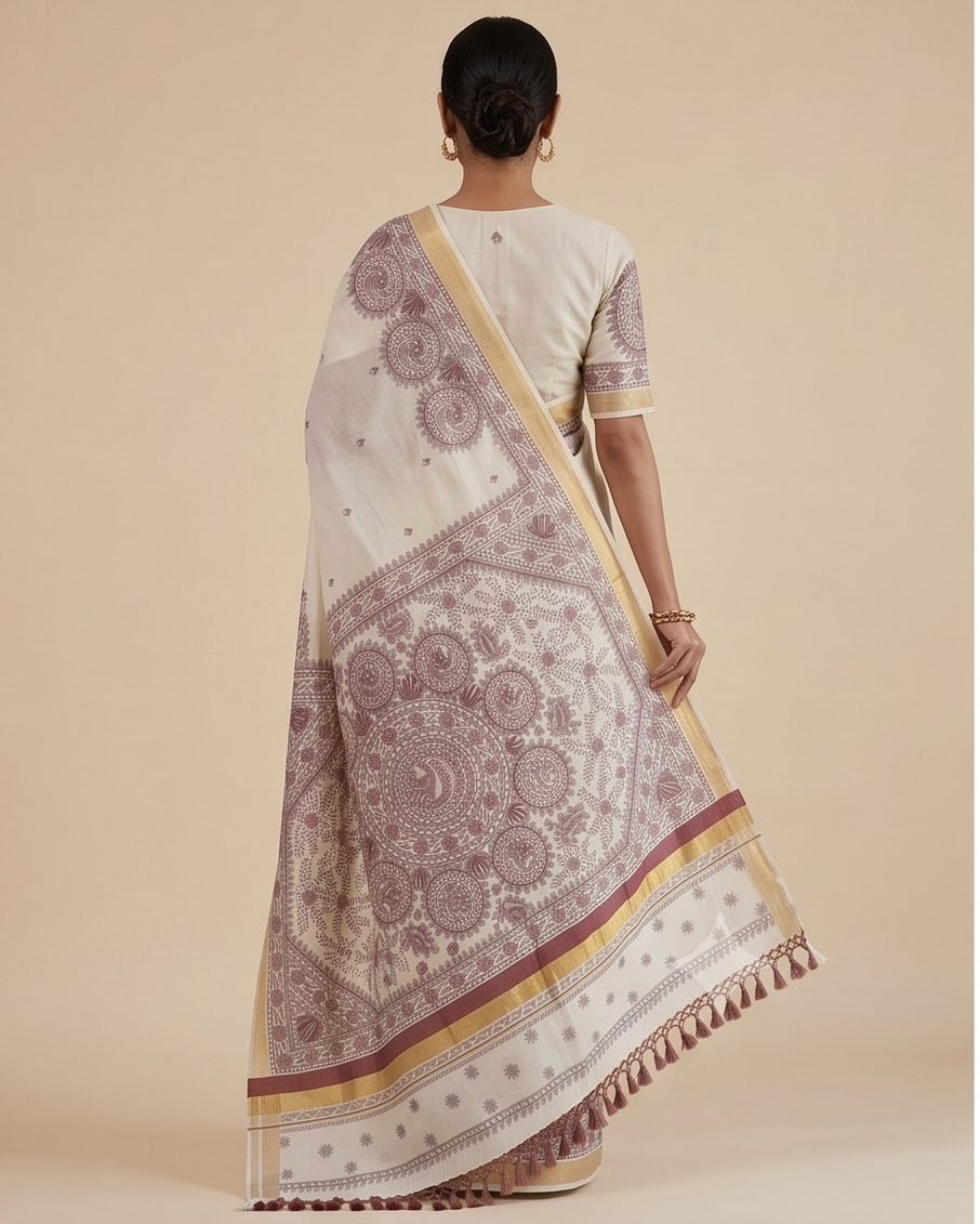 Hand-painted Madhubani Kerala Cotton Saree – Off White with Golden Zari Border