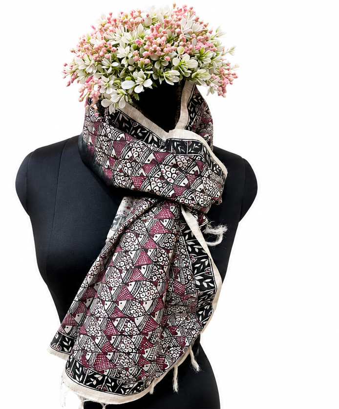 Handpainted Madhubani Tussar Munga Silk Stole with Fish Motifs