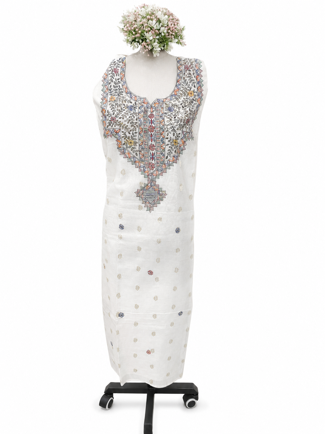 Hand-painted Madhubani Chanderi Suit Set with Designer Neckline, Boutique Artwork, All-Over Jaal Dupatta and Zari Border