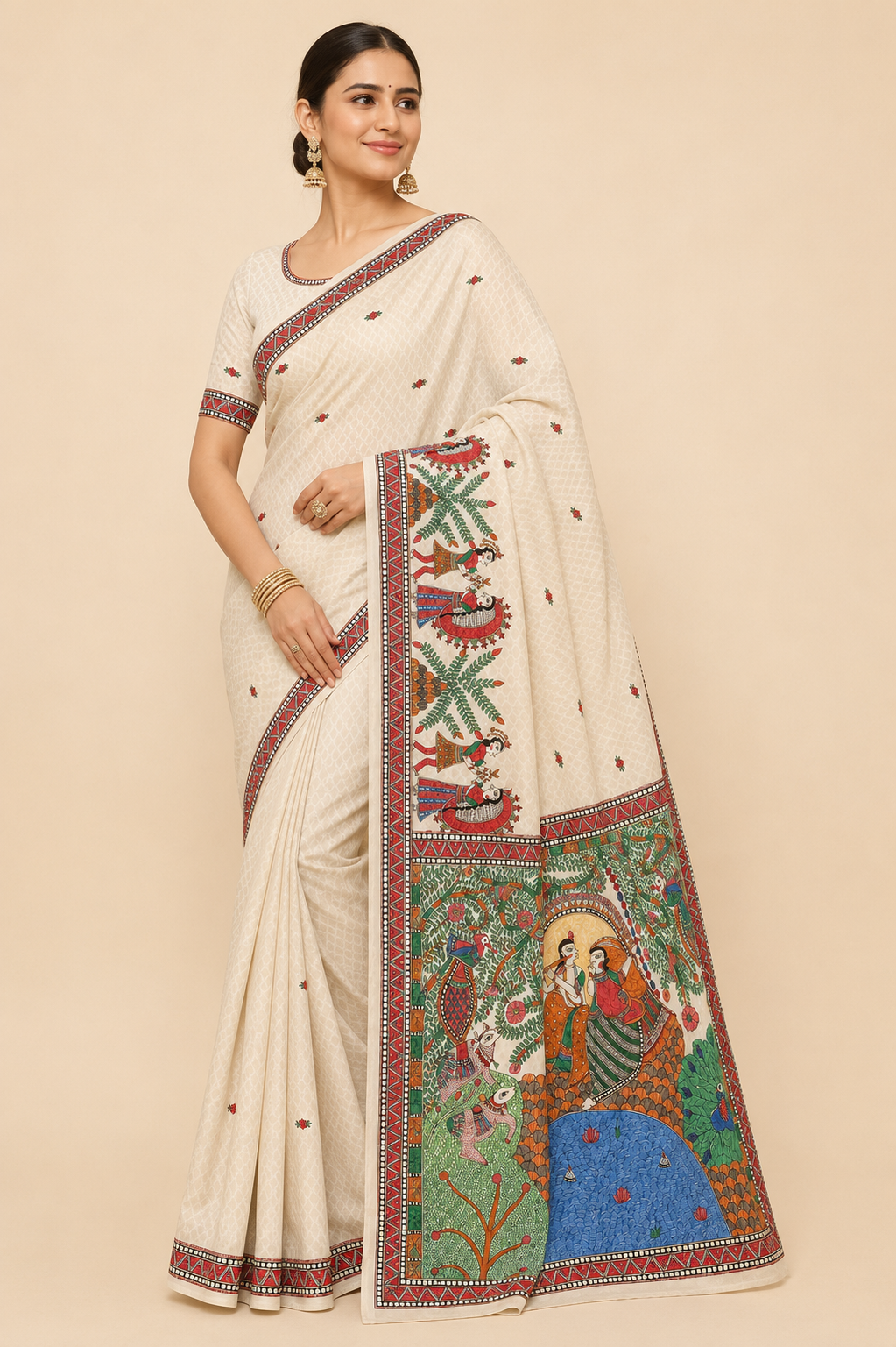 Hand-Painted Madhubani  Premium Chanderi Saree – Radha Krishna Theme with Peacock, Cow & Dance Border