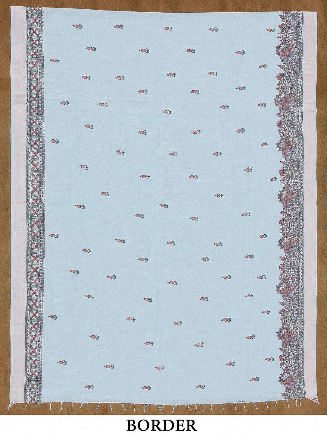 Hand-painted Rasleela Madhubani Linen Cotton Saree with Buti Body and Geometric Zari Border in Ice Blue