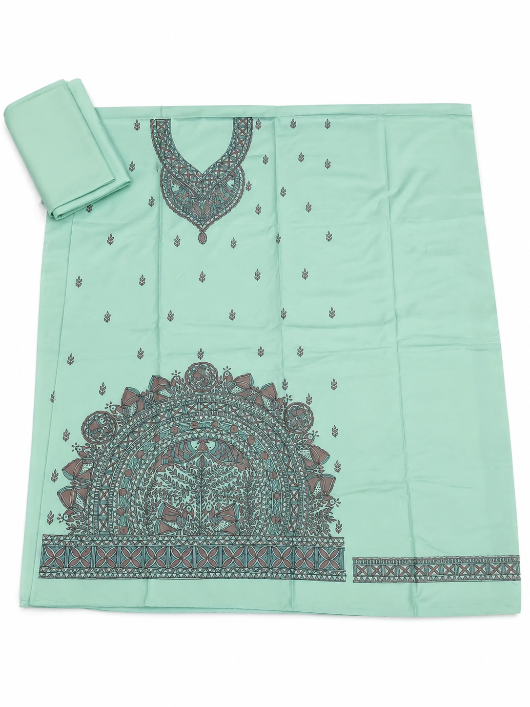 Hand Painted Madhubani Tussar Munga Silk Suit Set with Tree of Life, Bird and Peacock-Inspired Artwork, Boutique Work and Traditional Mithila Border Art