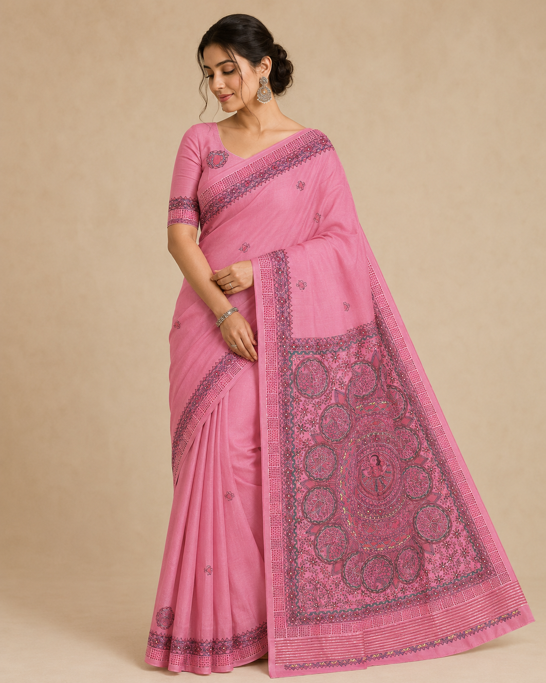 Hand-painted Tussar Munga Silk Saree with Sujani Folk Art, Mandala Peacock Pallu & Rich Zari Border - Rose Pink