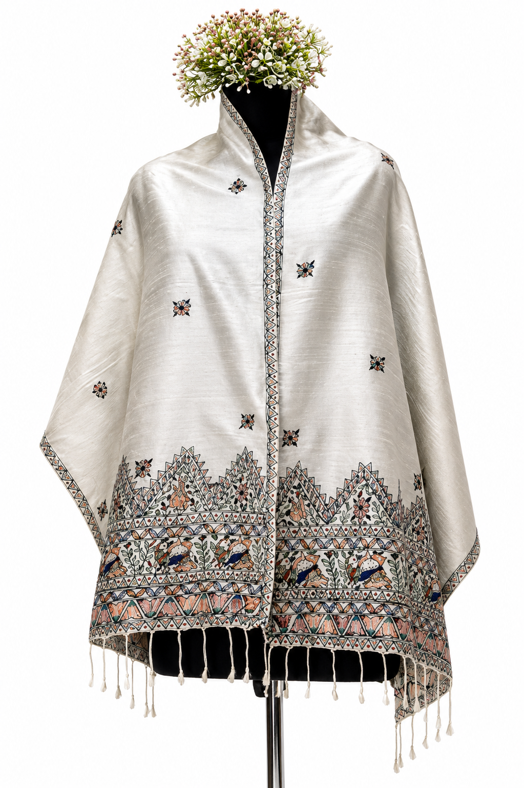 Handpainted Madhubani Dupion Silk Stole with Peacock Motifs