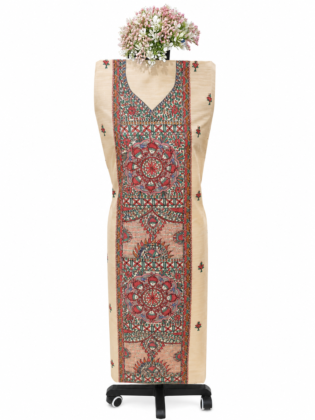 Hand Painted Madhubani Tussar Munga Silk Suit Set with Boutique Work, Traditional Mithila Panel Art and Pink Fish-Inspired Illustrations Dupatta