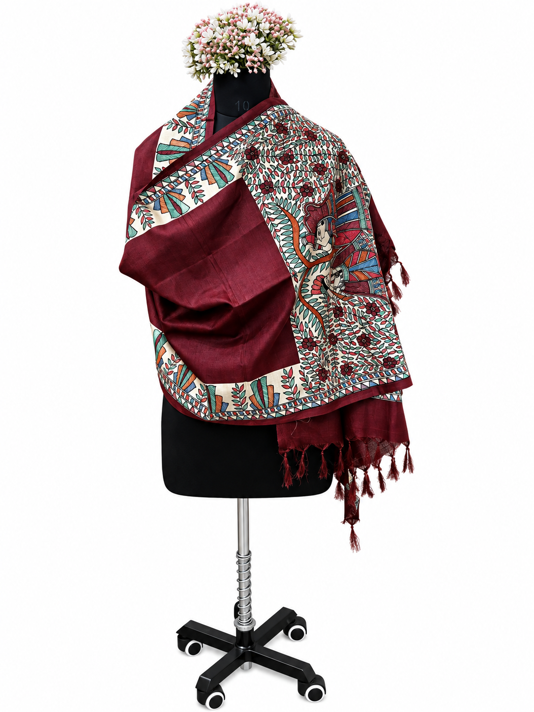 Premium Wine Cotton Silk Hand-Painted Madhubani Radha Krishna Theme Stole with Floral Vines