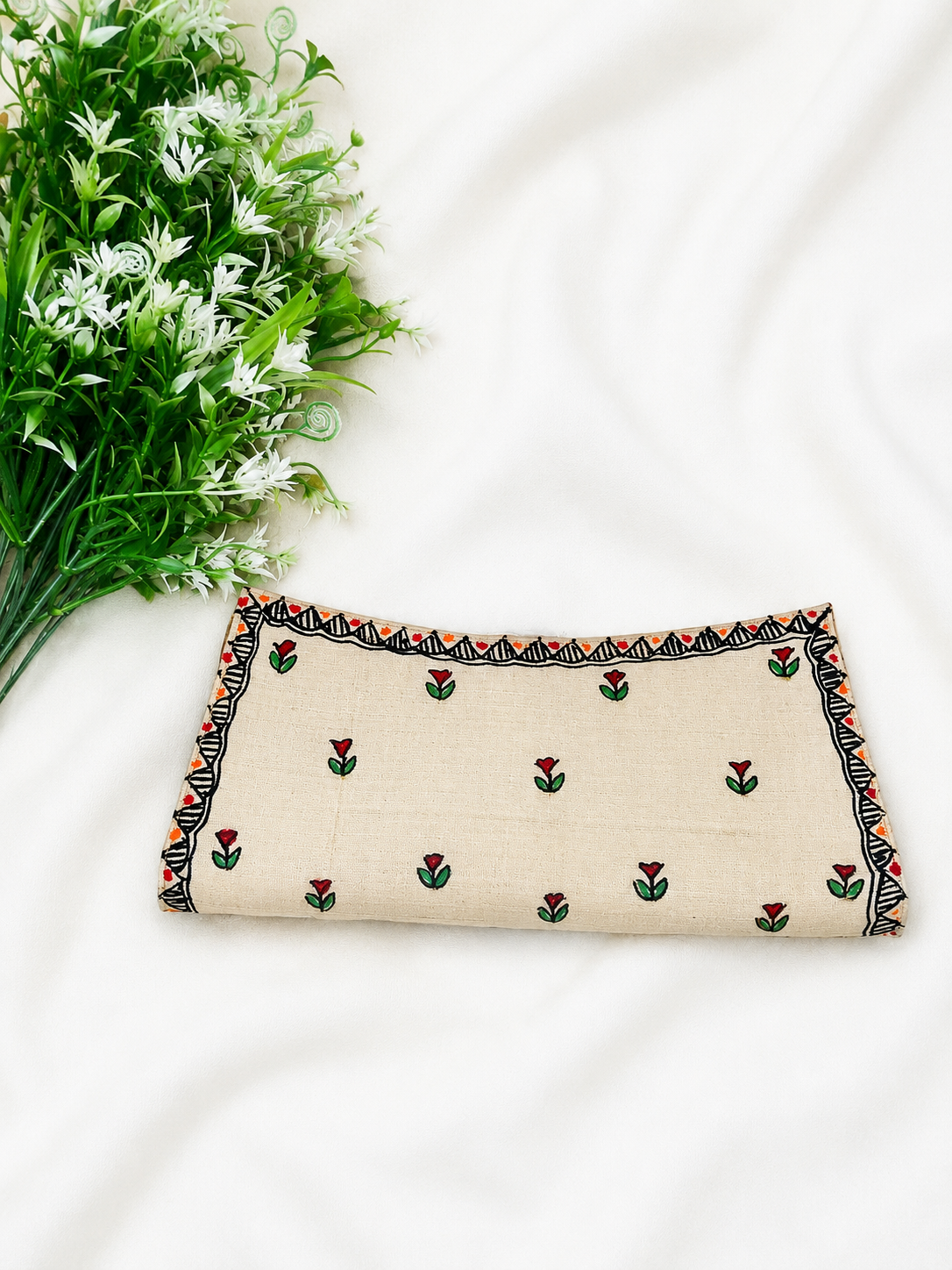 Hand-painted Premium Beige Linen Canvas Envelope Clutch Wallet with Paisley Lining & Center Zip Pocket