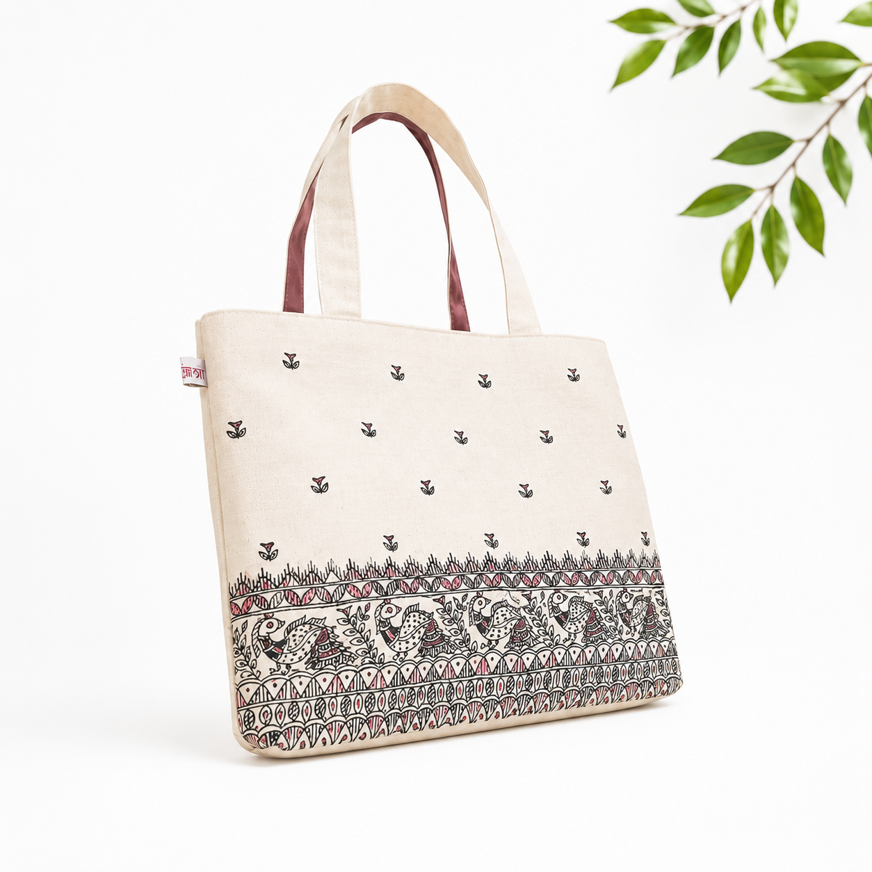 Hand-Painted Madhubani Cotton Tote Bag – Beige Everyday Carry Bag
