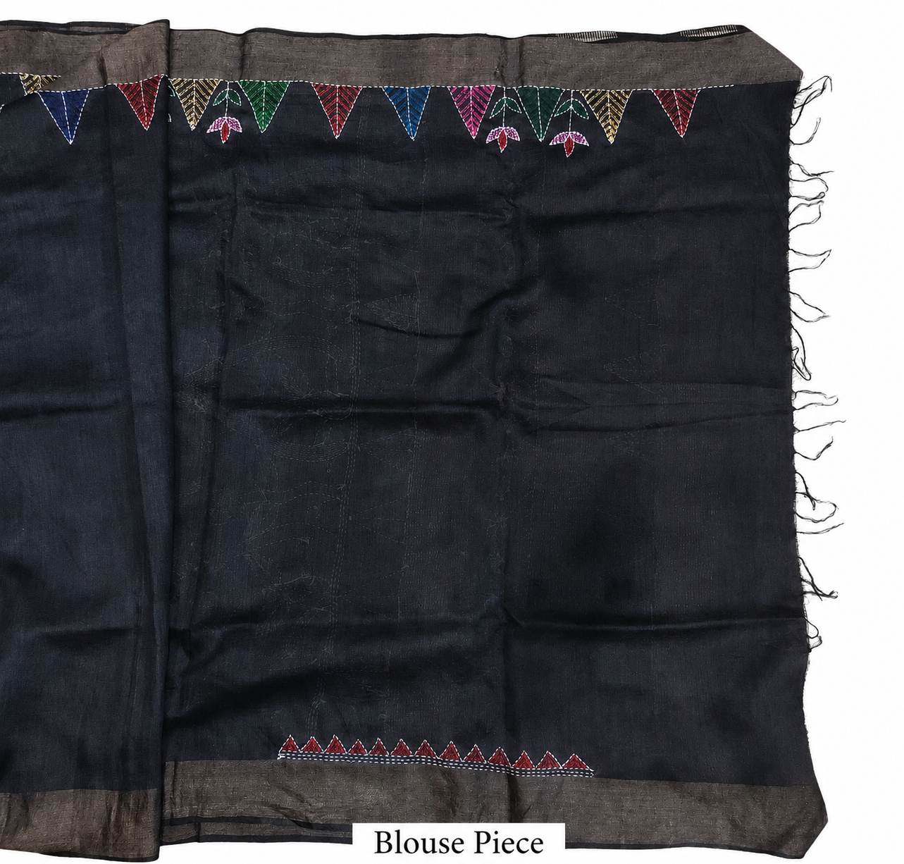 Hand-painted Tussar Munga Silk Saree with Sujani Embroidery & Antique Gold Zari Border in Jet Black