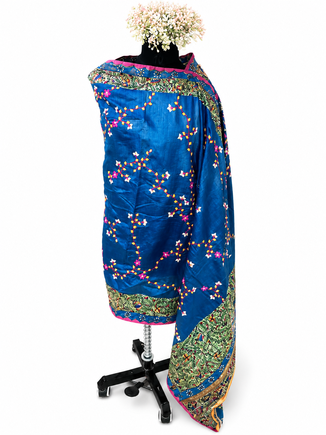 Hand-painted Appliquéd Desi Tussar Silk Dupatta – Regal Elephant & Peacock Motifs