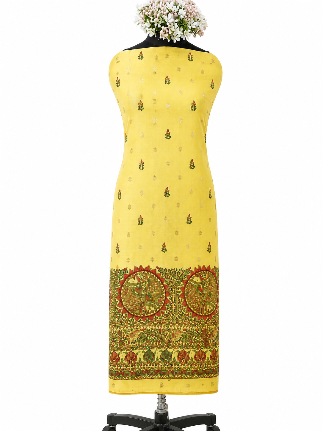 Hand-painted Madhubani Chanderi Suit Set with Artistic Boutique Detailing, Peacock and Aquatic-Inspired Illustrations and Coordinated Dupatta