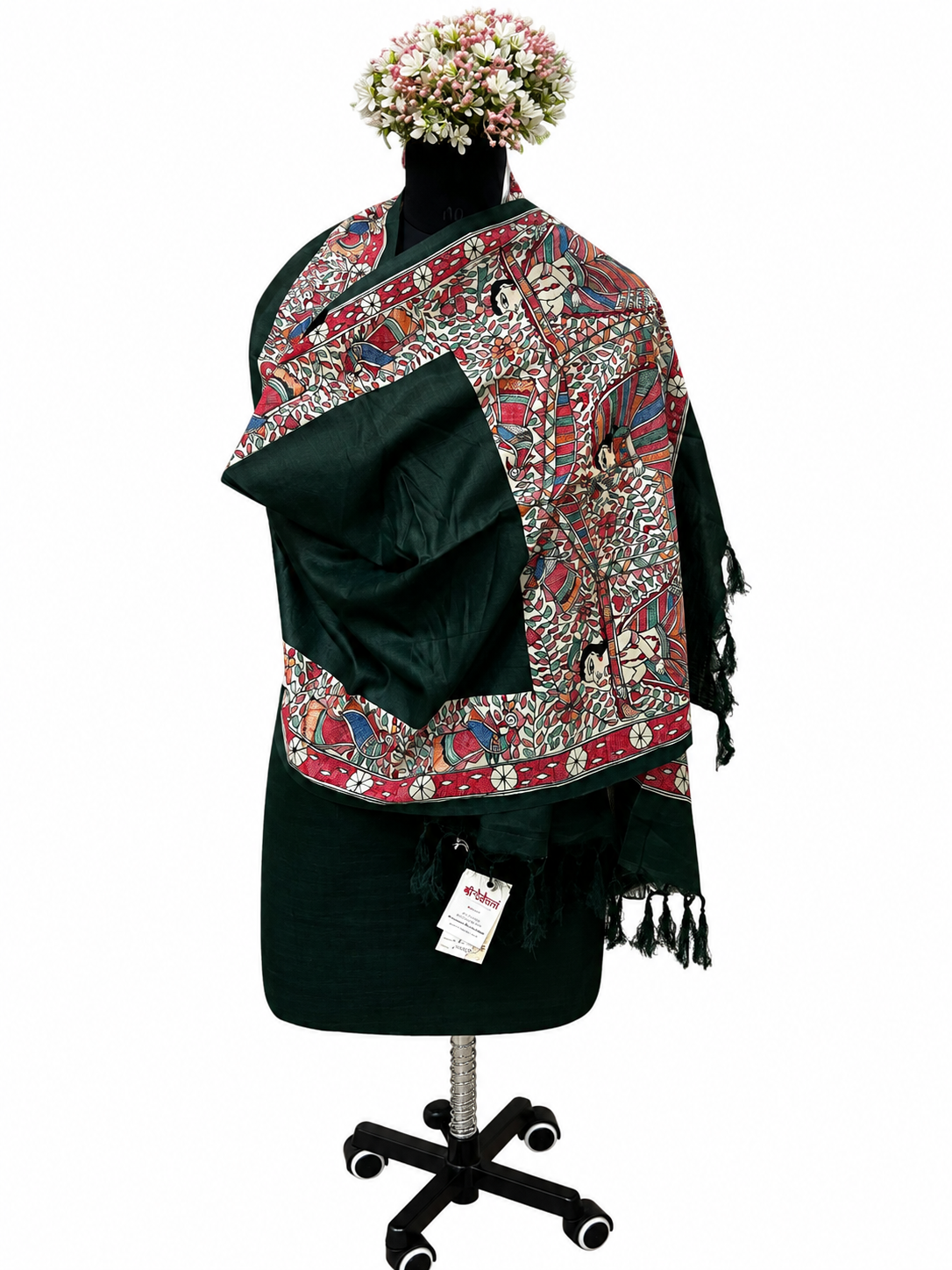 Premium Dark Green Cotton Silk Hand-Painted Madhubani Doli Ka Haar Theme Stole