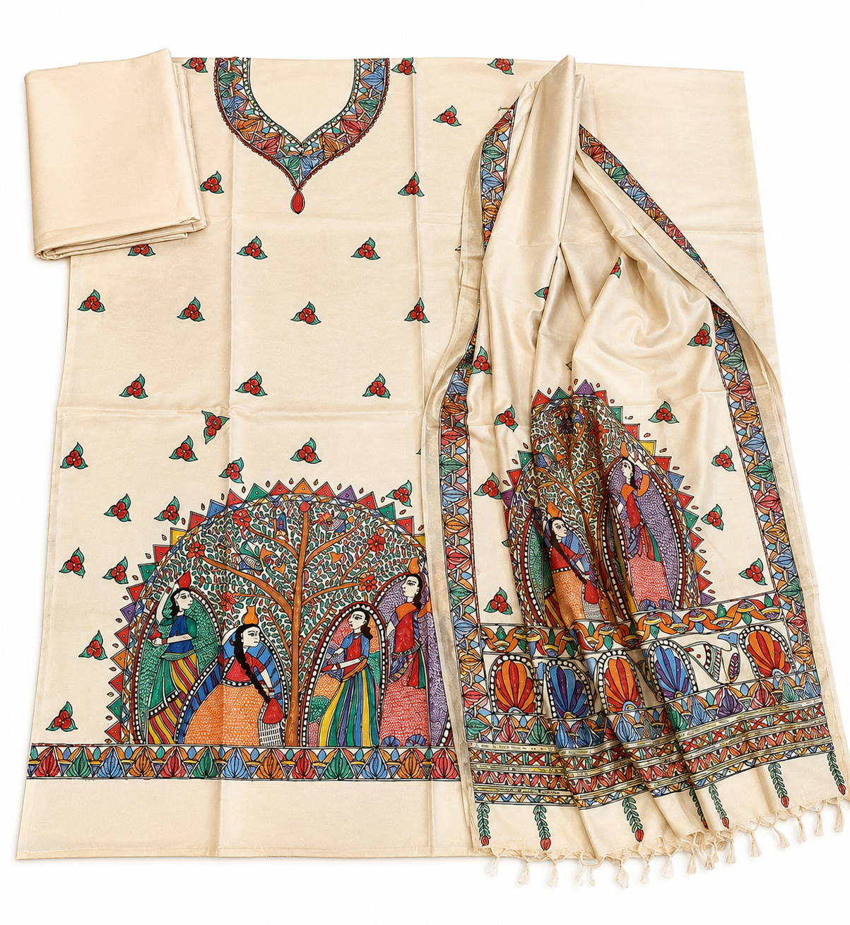 Hand-Painted Vat Savitri Inspired Tussar Munga Silk Suit Set with Artistic Kurti and Zari Border Dupatta