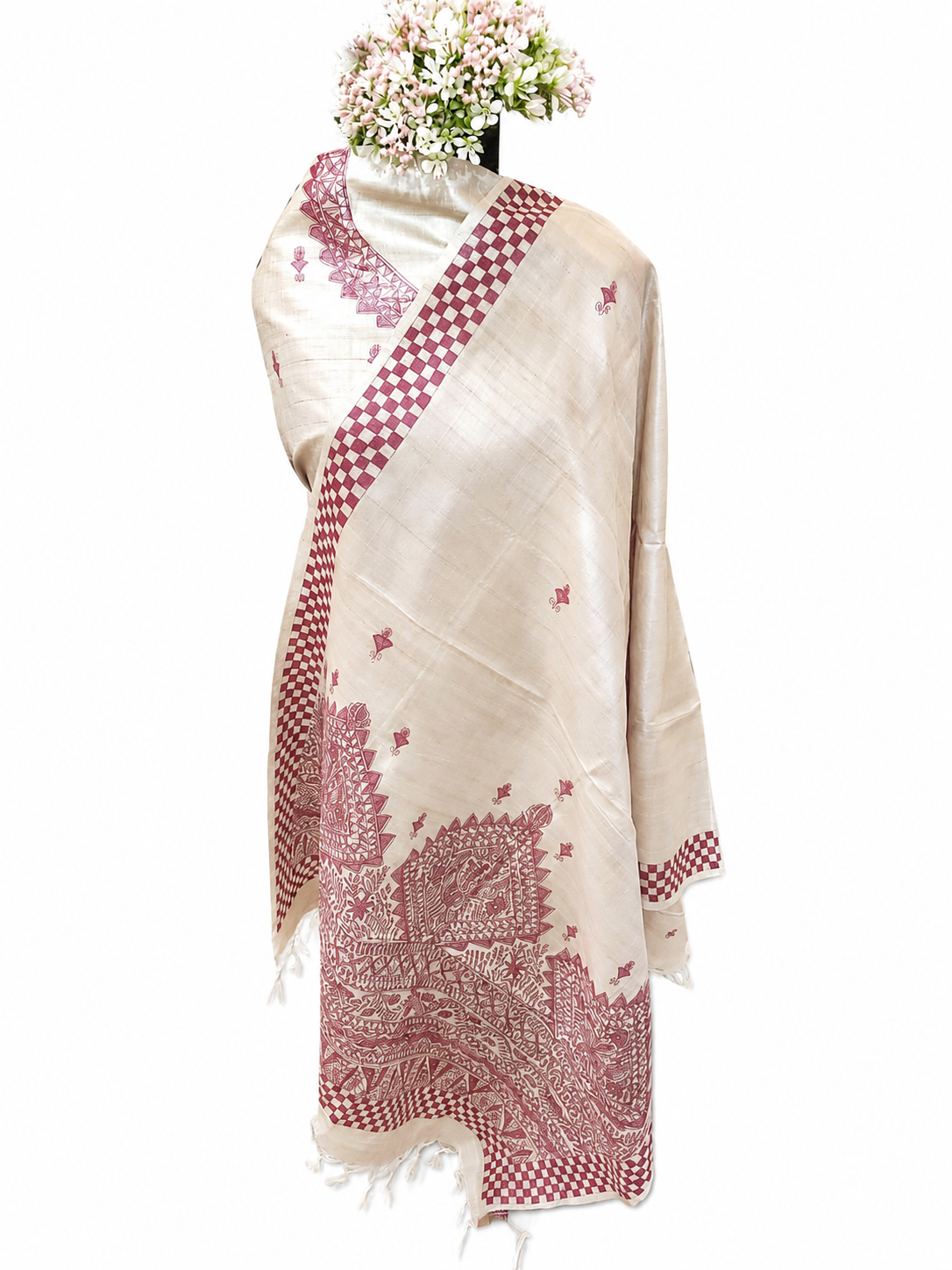 Hand Painted Madhubani Desi Tussar Silk Suit Set with Boutique Work Kurti and Matching Madhubani Bordered Dupatta