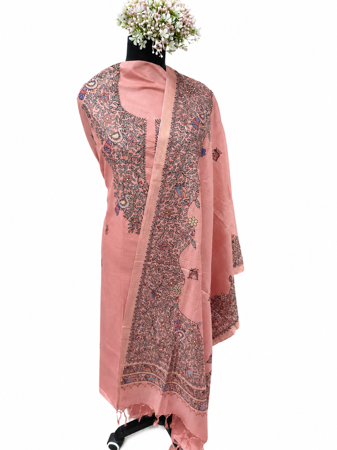 Hand-painted Madhubani Tussar Munga Silk Suit Set with Peacock and Elephant-Inspired Artwork, Sujani Detailing, Floral Vine Boutique Accents, Designer Neckline and Matching Dupatta with Zari Border
